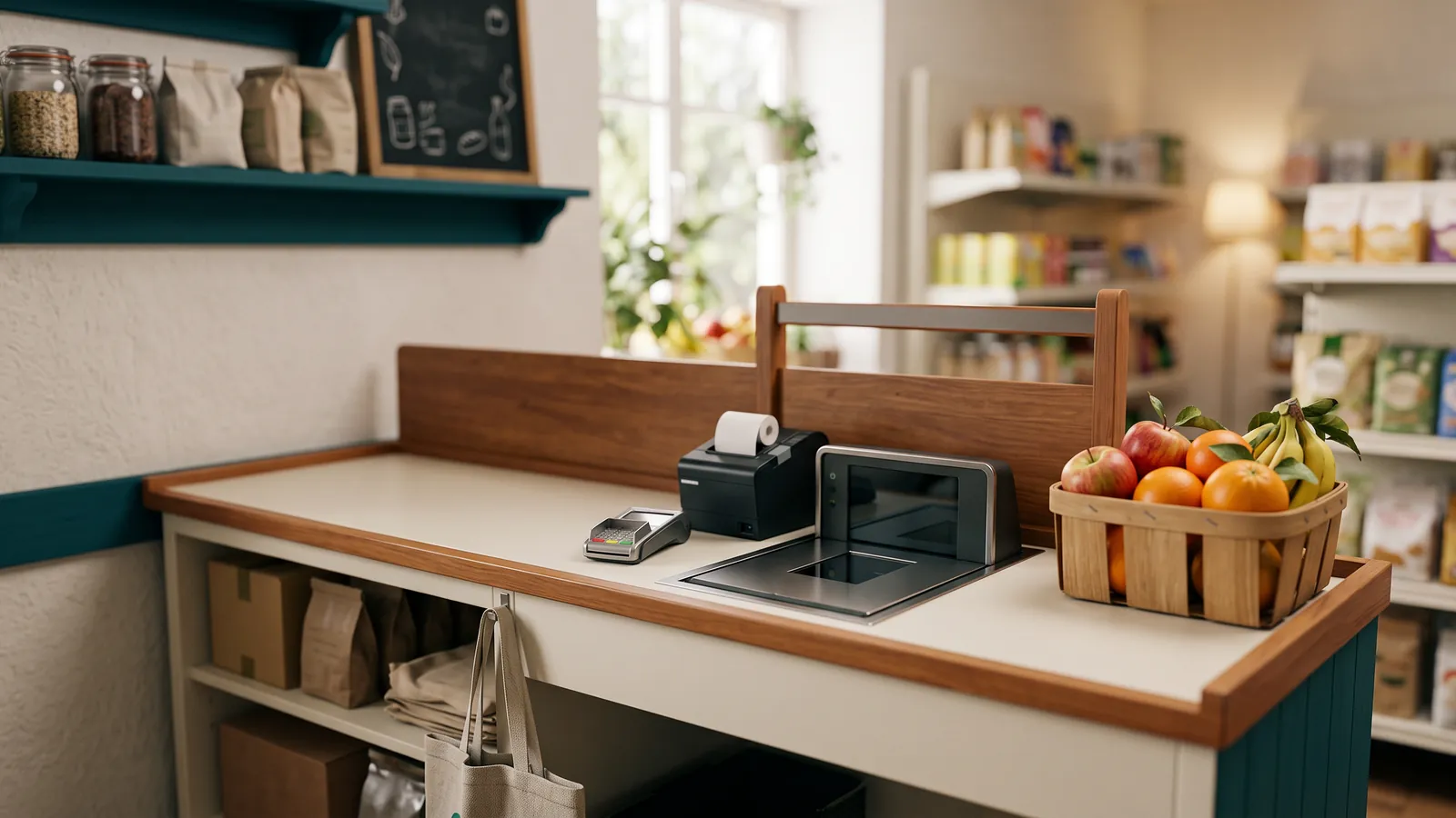A grocery checkout lane with a built-in barcode scanner and receipt printer
