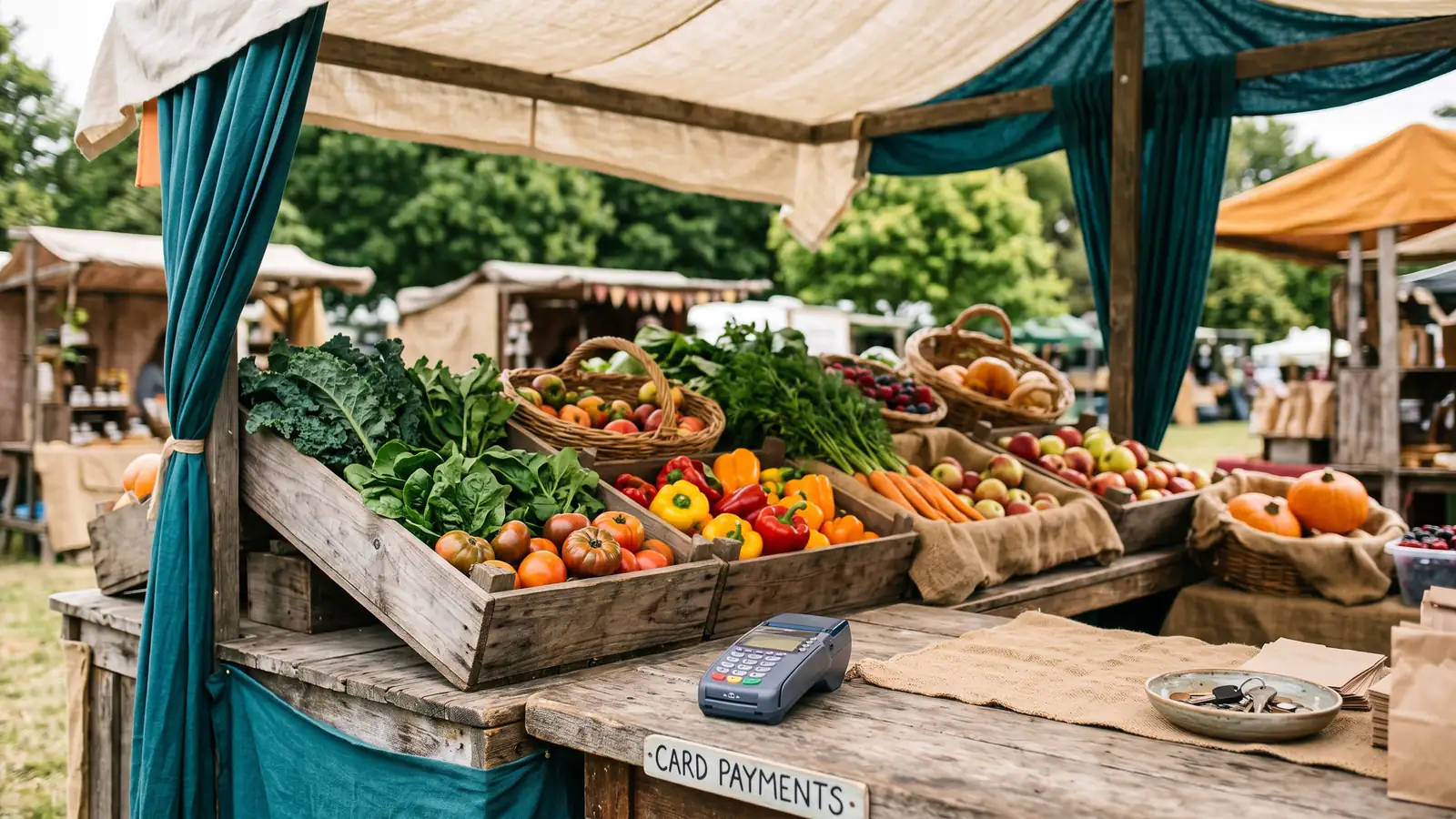 A market stall with produce and a mobile card reader
