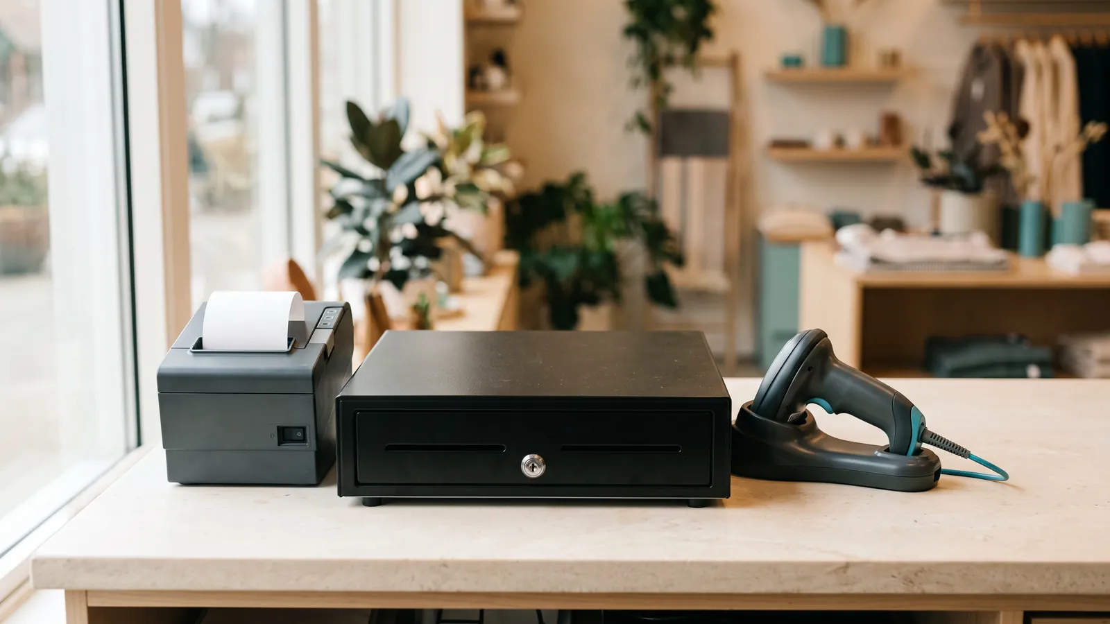 A receipt printer, cash drawer and barcode scanner on a counter